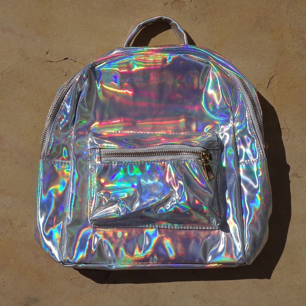 Silver Holographic Iridescent Mini Backpack Y2K Vaporwave Music Festival Bag
